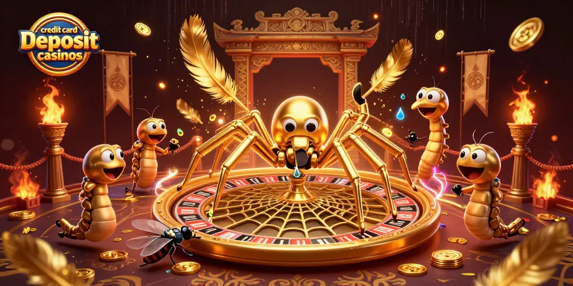 Engage with credit card deposit casinos where a golden spider spins a roulette wheel web.