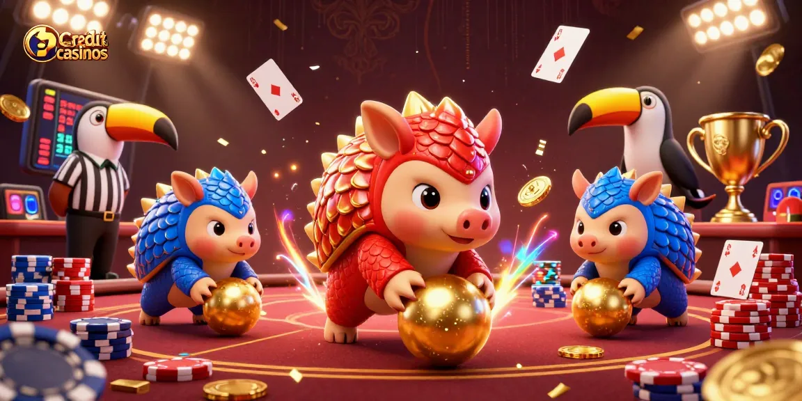 Engage with credit card casinos: Rival pangolins bowl through poker chips in a vibrant 3D casino scene.