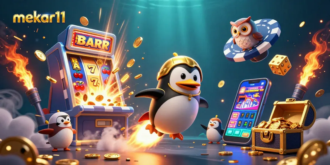 Mekar11 showcases an exciting golden penguin flying through a vibrant casino-themed universe.
