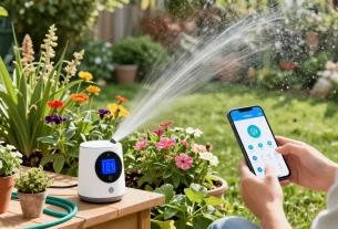 Smart sprinkler controlling irrigation system in a vibrant garden, monitoring moisture levels with a smartphone app.