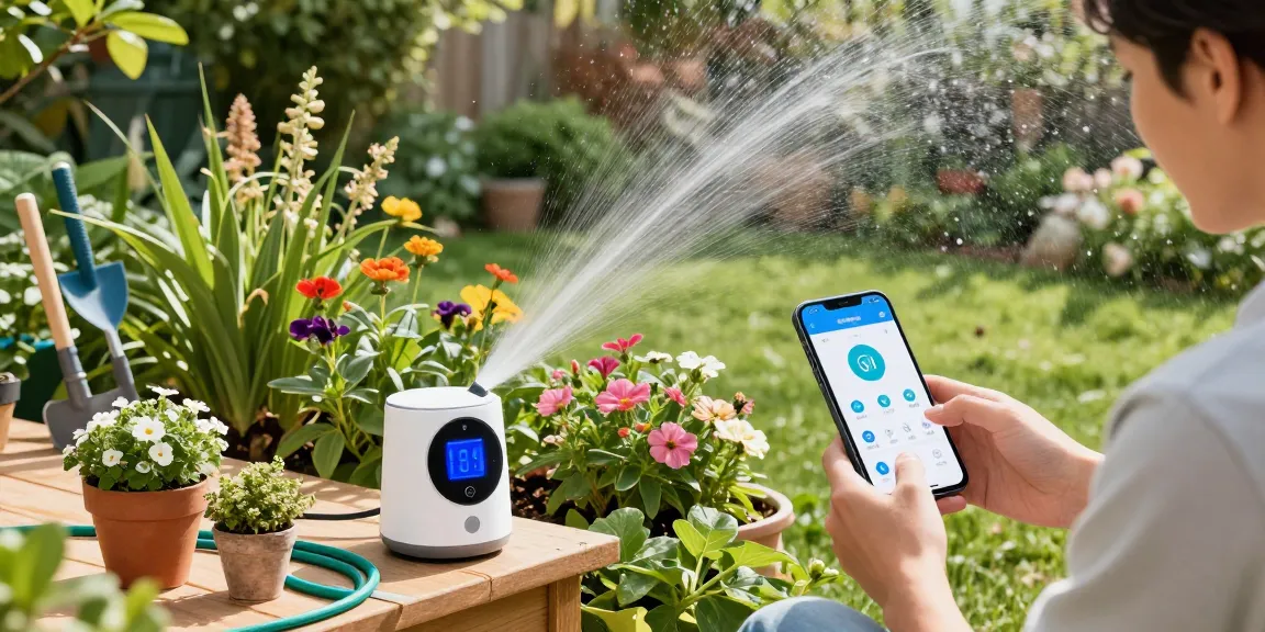 Smart sprinkler controlling irrigation system in a vibrant garden, monitoring moisture levels with a smartphone app.