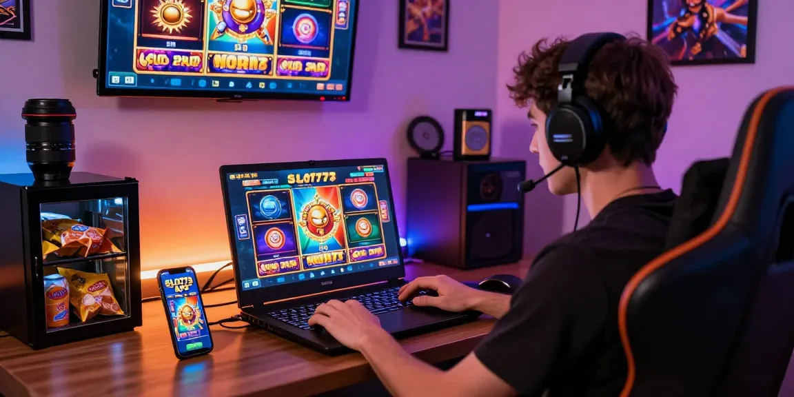 Engaged gamer playing SLOT777 on a stylish laptop with colorful gaming setup