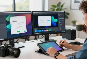 A software developer using 截图工具下载 in a sleek workspace with monitors displaying vibrant UI designs, creating a focused atmosphere.