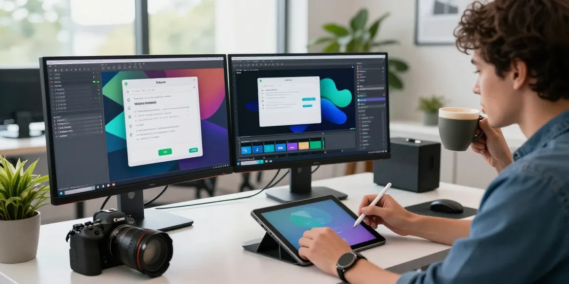 A software developer using 截图工具下载 in a sleek workspace with monitors displaying vibrant UI designs, creating a focused atmosphere.