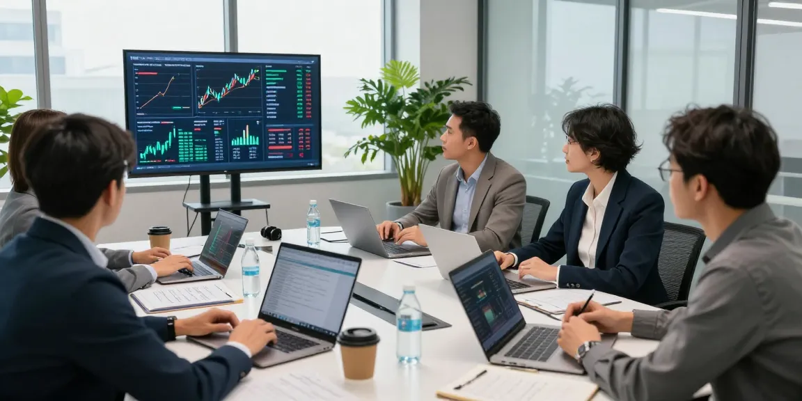 Team analyzing financial crime intelligence data in a modern office setting, engaging with analytical tools and collaborative discussions.