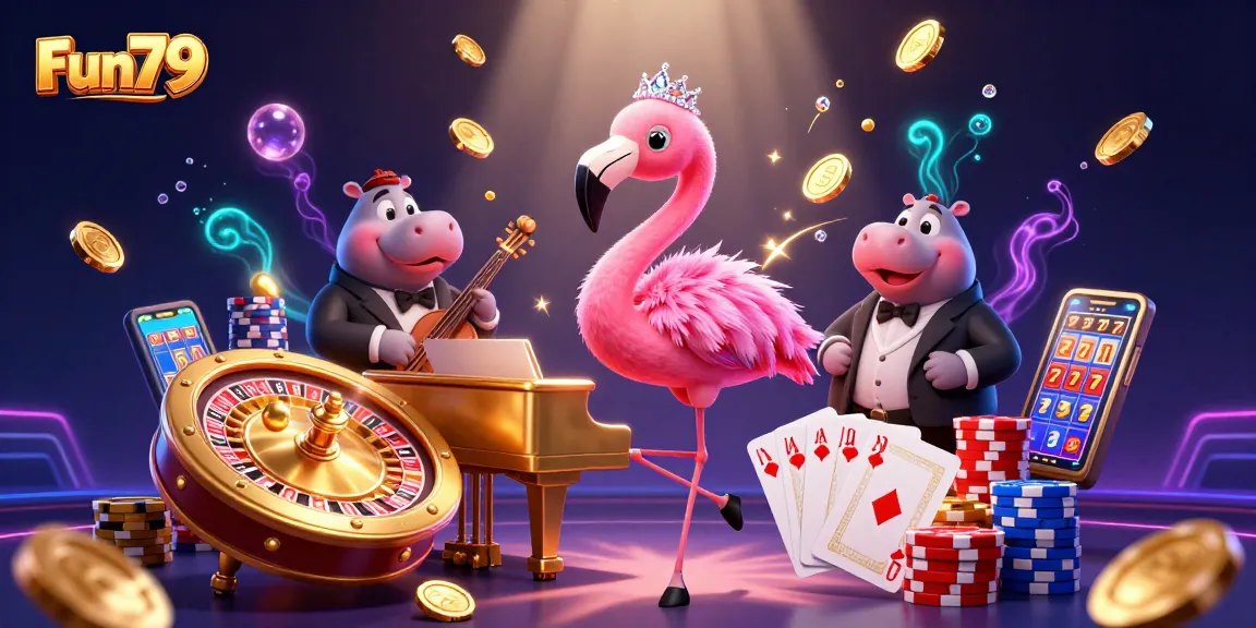 Win big at Fun79 with vibrant casino action, featuring a flamingo singer and hippo bassist.