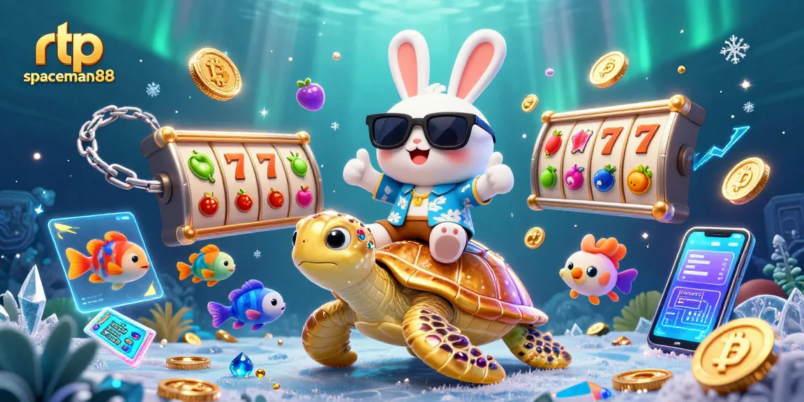 Spin for big wins with rtp spaceman88 as a colorful rabbit rides a turtle amidst vibrant casino elements.