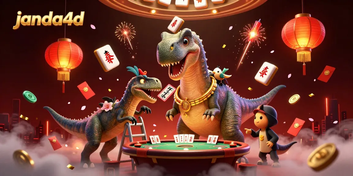 Permainan slot online janda4d dengan brontosaurus dan raptor dalam suasana kasino yang ceria.