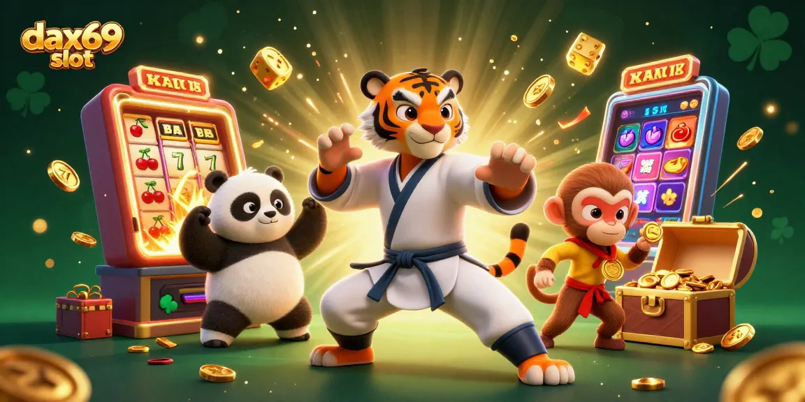 Pemain dax69 slot menang besar dengan mesin slot yang penuh harta karun, koin berkilau dan simbol keberuntungan.