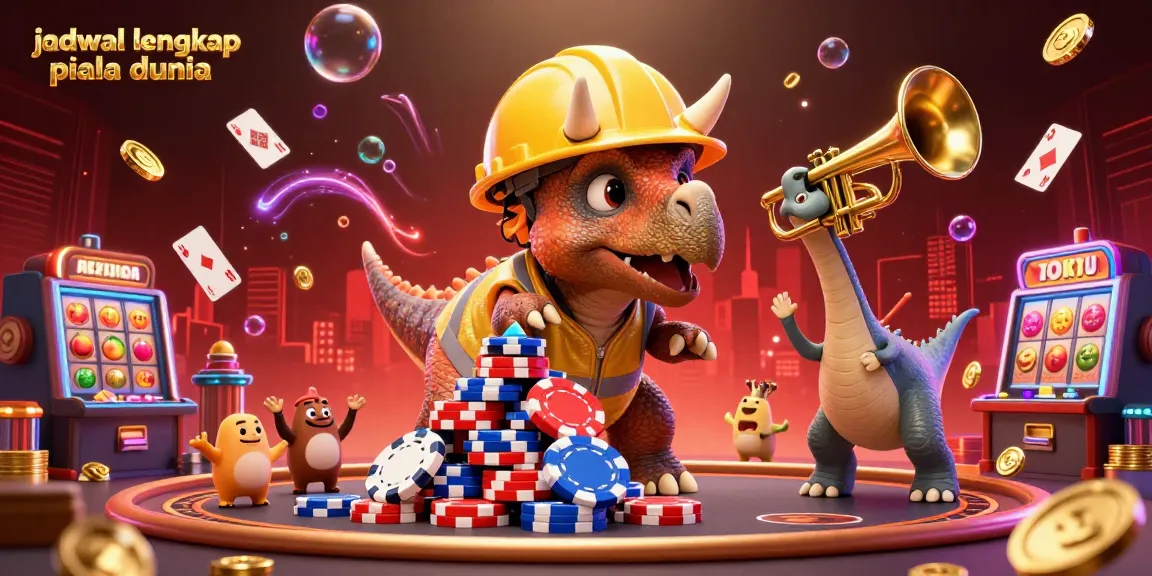 Celebrate the jadwal lengkap piala dunia with a vibrant casino scene featuring a cheering dinosaur group.