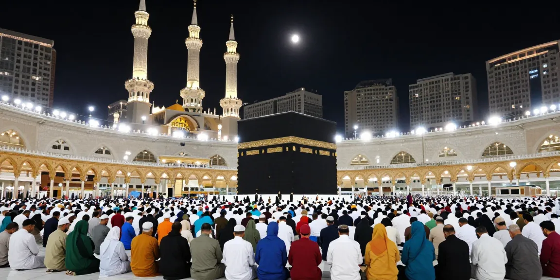 "Experience umroh full ramadhan at the illuminated Masjidil Haram, showcasing vibrant Muslim community during prayer."
