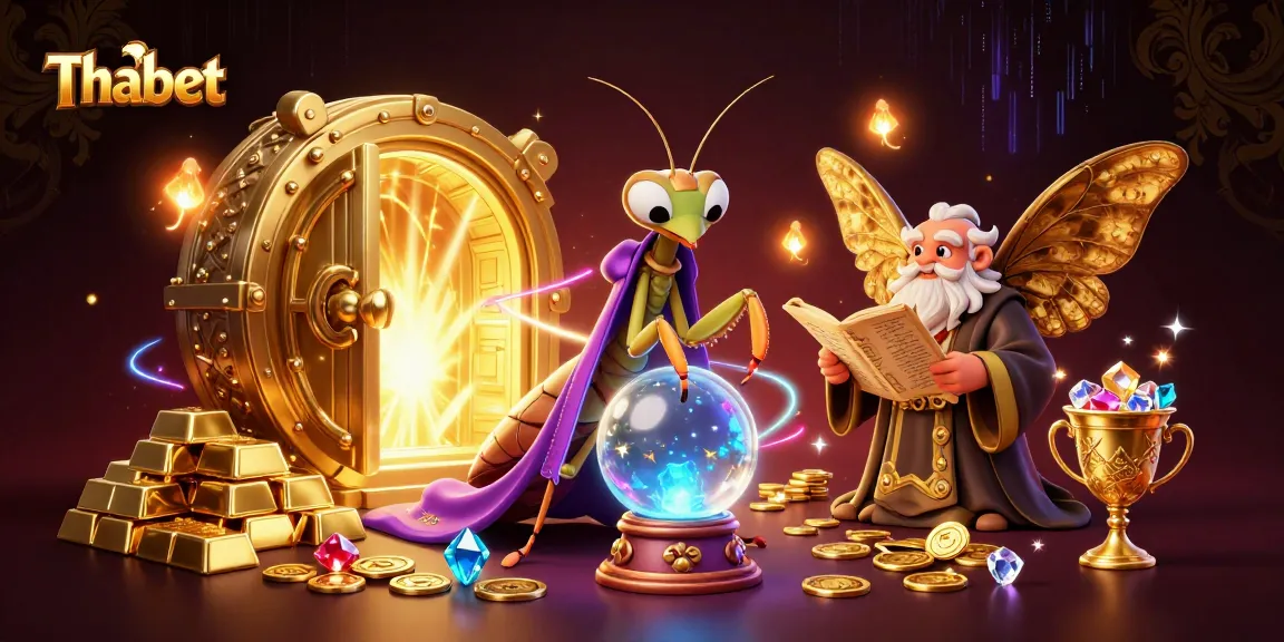 Experience casino fortune with Thabet's magical 3D illustration featuring unique characters and gold treasures.