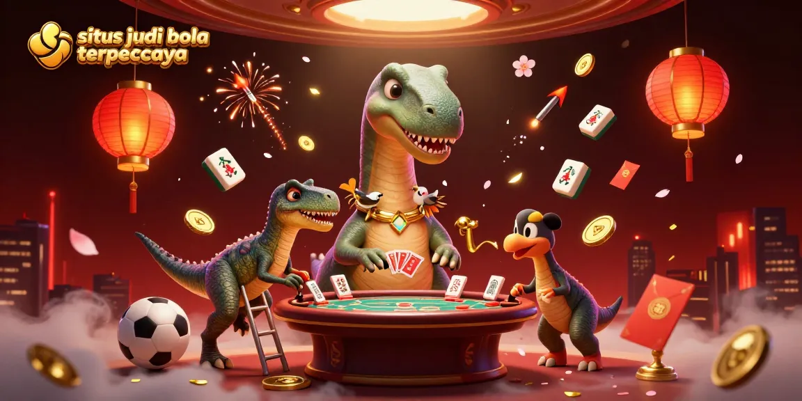 Experience situs judi bola terpercaya with a giant dinosaur overseeing a vibrant gambling scene filled with betting excitement.
