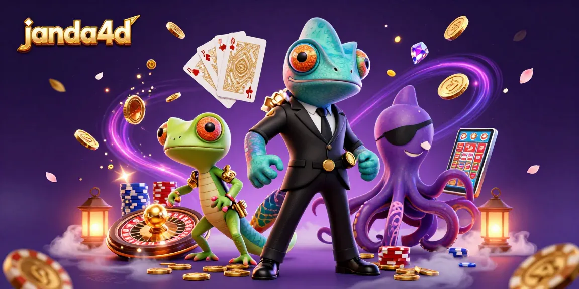 Bermain bersama janda4d, chameleon mata-mata dengan chip poker berkilau, roulette, dan koin emas melayang.
