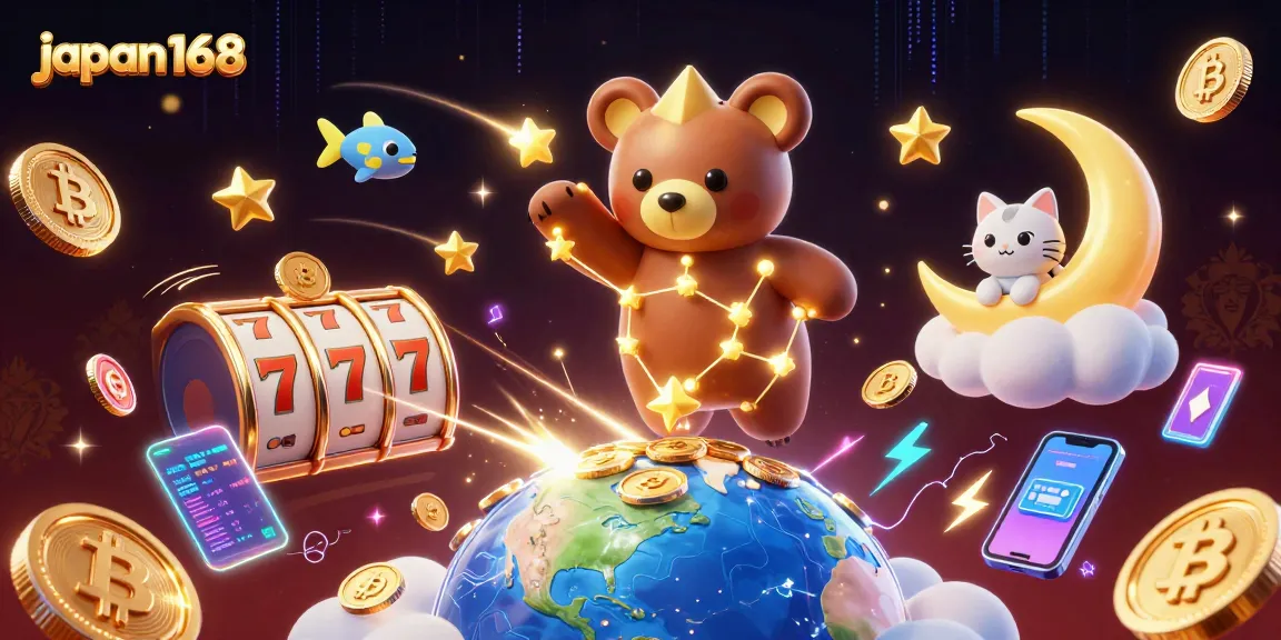 Play with exciting slot features at japan168, featuring a constellation bear, NFT cards, and glowing crypto coins.